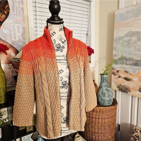 New Rachel Rachel Roy Orange/ Tan Ombra Thick Cable Knit Zipper Front Sweater. - Picture 4 of 15